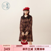 娃娃领蝴蝶结中长款 紫涵复古红色格纹毛呢大衣女士冬季 新款 呢外套