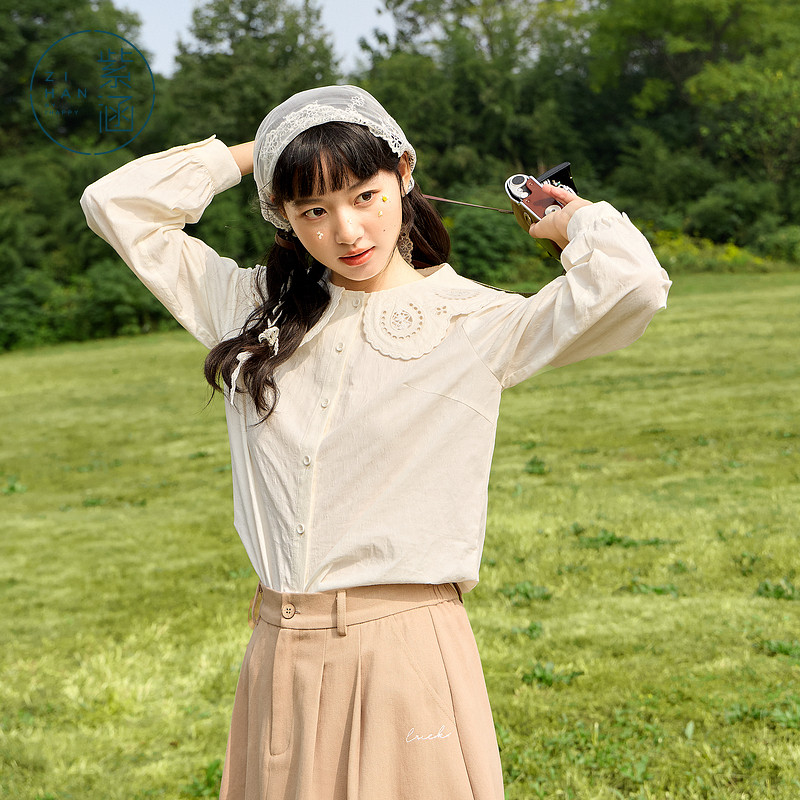 紫涵镂空娃娃领衬衫女春秋季新款法式甜美宽松100%纯棉长袖上衣潮,女装/女士精品,衬衫,淘宝优惠券,粉丝福利购,淘宝优惠卷