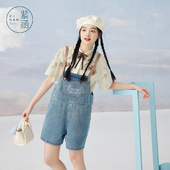休闲小个子宽松减龄直筒休闲连体裤 新款 女夏季 紫涵牛仔蓝背带短裤