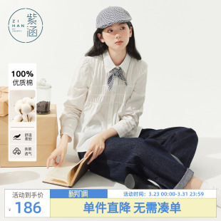 新款 女秋季 甜美日系宽松a字纯棉衬衣 抽褶衬衫 紫涵黑白格纹泡泡袖