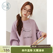 新款 卫衣女士秋季 猫咪刺绣宽松显瘦套头上衣 紫色圆领长袖 紫涵短款
