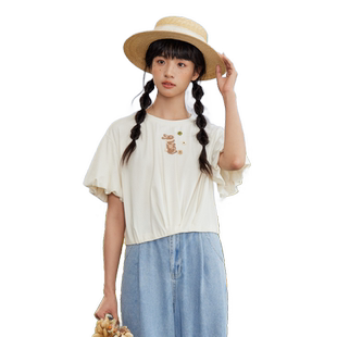 紫涵泡泡袖收腰T恤女夏季新款森系减龄休闲宽松显瘦套头短袖上衣