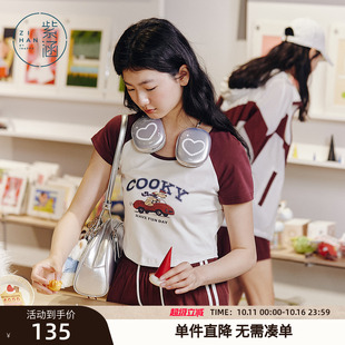撞色插肩短袖 紫涵短款 美式 新款 上衣 圆领卡通印花T恤女2025年夏季