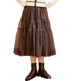 紫涵网纱仙女裙半身裙秋冬季新款休闲高腰气质百搭纱裙A字中长裙