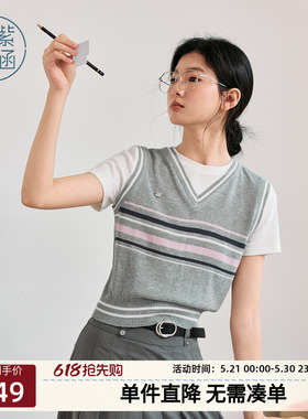 紫涵假两件灰色条纹短袖针织衫女夏季新款学院风撞色拼接圆领T恤