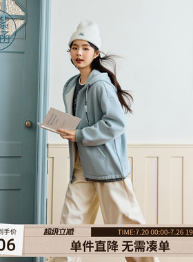 紫涵蓝色连帽抽绳卫衣外套女士冬季新款宽松简约通勤休闲拉链上衣