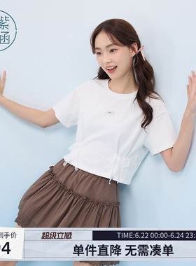 紫涵短款蕾丝蝴蝶结短袖T恤女士夏季新款设计感白色正肩圆领上衣