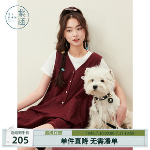 紫涵红色V领无袖背带裤女士夏季新款小个子减龄休闲叠穿连体短裤
