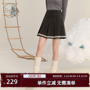 紫涵学院风短款高腰百褶裙女冬季新款甜美蕾丝花边A字短裙子百搭