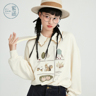 甜美森系简约宽松休闲撞色上衣 紫涵趣味刺绣polo领套头卫衣女秋季