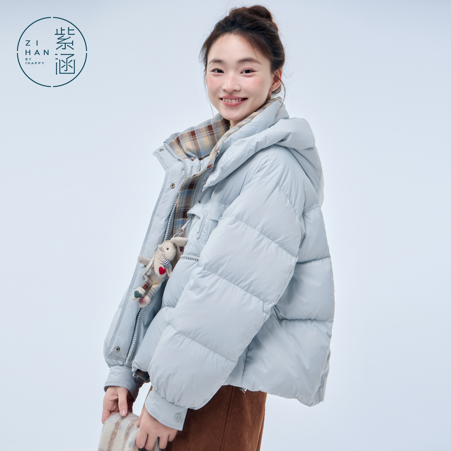 【好物体验专享】紫涵短款连帽羽绒服女2025年冬季新款撞色格纹