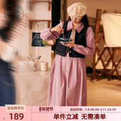 粉色中长款 两件套春季 衬衫 紫涵复古牛仔马甲 连衣裙时尚 套装 新款