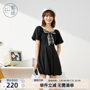 紫涵蝴蝶结连衣裙女森系夏季 花苞裙甜美可爱约会裙 新款 收腰泡泡袖