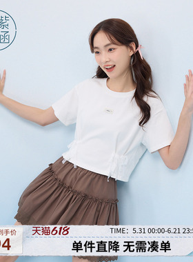 紫涵短款蕾丝蝴蝶结短袖T恤女士夏季新款设计感白色正肩圆领上衣