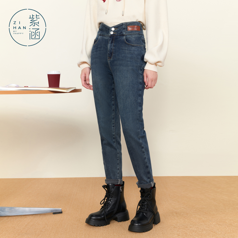 紫涵复古小脚修身牛仔裤女冬季新款设计感高腰显瘦加绒保暖休闲裤