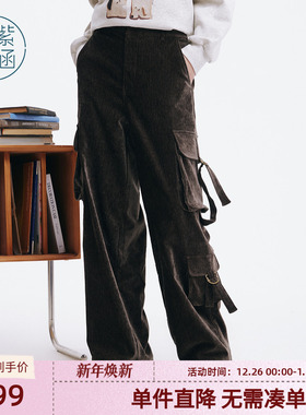 紫涵美式工装风阔腿裤女冬季新款加厚保暖宽松直筒街头休闲裤子