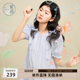 紫涵白色花朵泡泡袖连衣裙女夏季新款甜美减龄多巴胺a字娃娃裙子