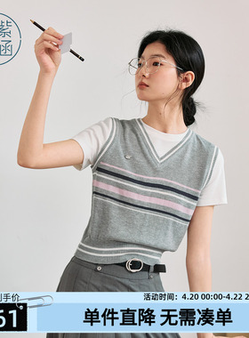 紫涵假两件灰色条纹短袖针织衫女夏季新款学院风撞色拼接圆领T恤
