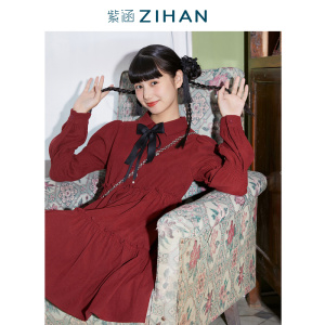紫涵中长款连衣裙冬季女衬衫领娃娃裙复古时尚蝴蝶结通勤简约内搭