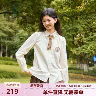 新款 女秋季 刺绣胸章内搭宽松休闲领带衬衣 衬衫 紫涵学院风米白长袖