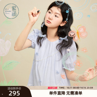 甜美多巴胺a字娃娃裙子 新款 紫涵花朵泡泡袖 连衣裙女2025年夏季