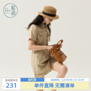 风卡其色牛仔连体短裤 一体裤 女夏季 日系宽松卷边短袖 新款 紫涵工装