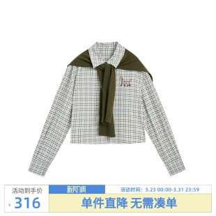 新款 紫涵短款 女秋季 衬衫 宽松休闲小个子刺绣披肩衬衣 绿色格纹长袖