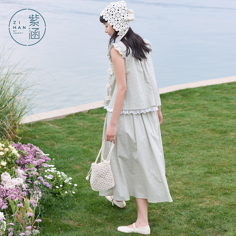 紫涵绿格清新小飞袖花边娃娃衫a字半身裙两件套装女2025夏季新款