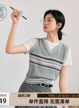 紫涵假两件灰色条纹短袖针织衫女夏季新款学院风撞色拼接圆领T恤