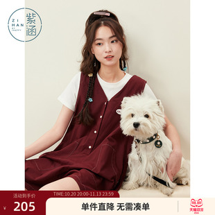 紫涵红色V领无袖背带裤女士夏季新款小个子减龄休闲叠穿连体短裤