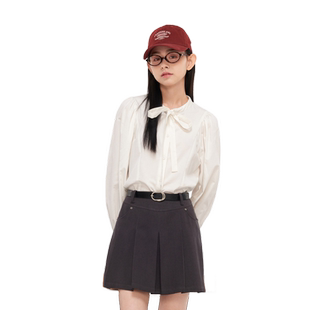 紫涵泡泡袖系带长袖衬衫女秋季新款白色简约气质时尚休闲宽松上衣