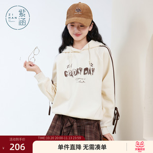 紫涵连帽套头撞色条纹卫衣女冬季新款字母印花蝴蝶结宽松休闲上衣