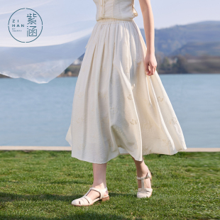 新款 紫涵花朵刺绣伞裙女2025年夏季 松紧高腰宽松显瘦米色a字长裙