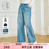 紫涵蝴蝶结印花阔腿牛仔裤 子 浅蓝100%纯棉宽松休闲裤 女春秋季 新款