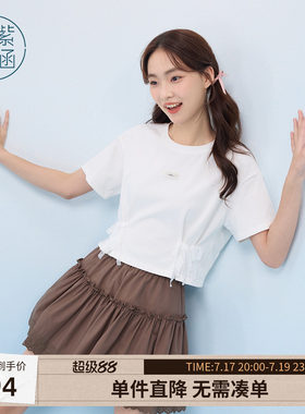 紫涵短款蕾丝蝴蝶结短袖T恤女士夏季新款设计感白色正肩圆领上衣