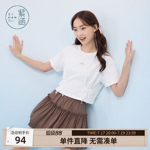 紫涵短款蕾丝蝴蝶结短袖T恤女士夏季新款设计感白色正肩圆领上衣