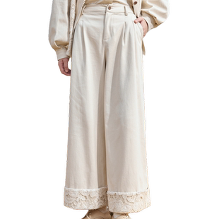 紫涵蕾丝裤脚卷边阔腿裤女秋季新款设计感通勤宽松显瘦高腰休闲裤