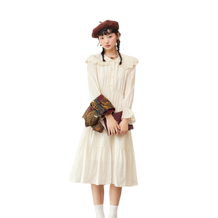 紫涵镂空娃娃领连衣裙女秋季新款甜美休闲收腰喇叭袖A字中长裙子