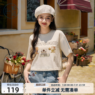 上衣 紫涵动物字母印花T恤女夏季 新款 立体设计感休闲短款 圆领短袖