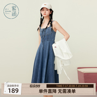 紫涵牛仔吊带连衣裙女夏季新款复古蝴蝶结蓝色纯棉修身显瘦a字裙