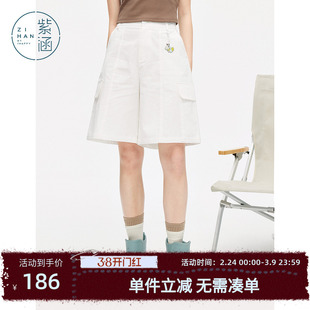 紫涵白色工装五分裤女夏季新款户外通勤穿搭百搭休闲宽松阔腿短裤