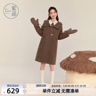 紫涵中长款 甜美学院百搭外套附手套 连帽格纹羊毛呢大衣女冬季 新款