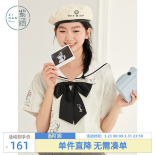 紫涵航海军领印花白色T恤女士夏季 上衣 学院风蝴蝶结减龄宽松短袖