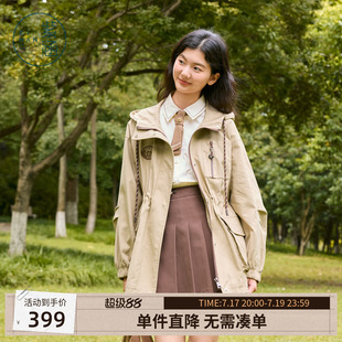 紫涵抽绳连帽工装风衣女秋季新款复古一手长牛筋收腰设计拉链外套