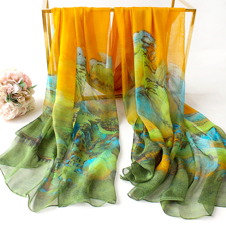 中国风千里江山图真丝雪纺长巾桑蚕丝围巾披肩丝巾女三八杭州丝绸