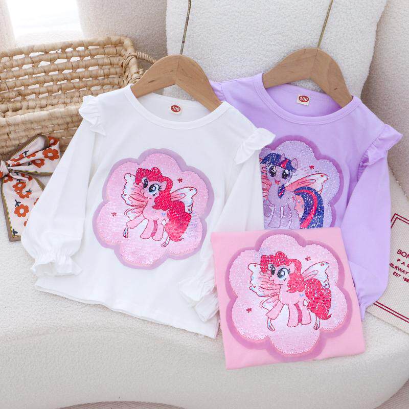 女童纯棉变色亮片长袖T恤 春秋款儿童装宝宝小女孩卡通泡泡袖上衣