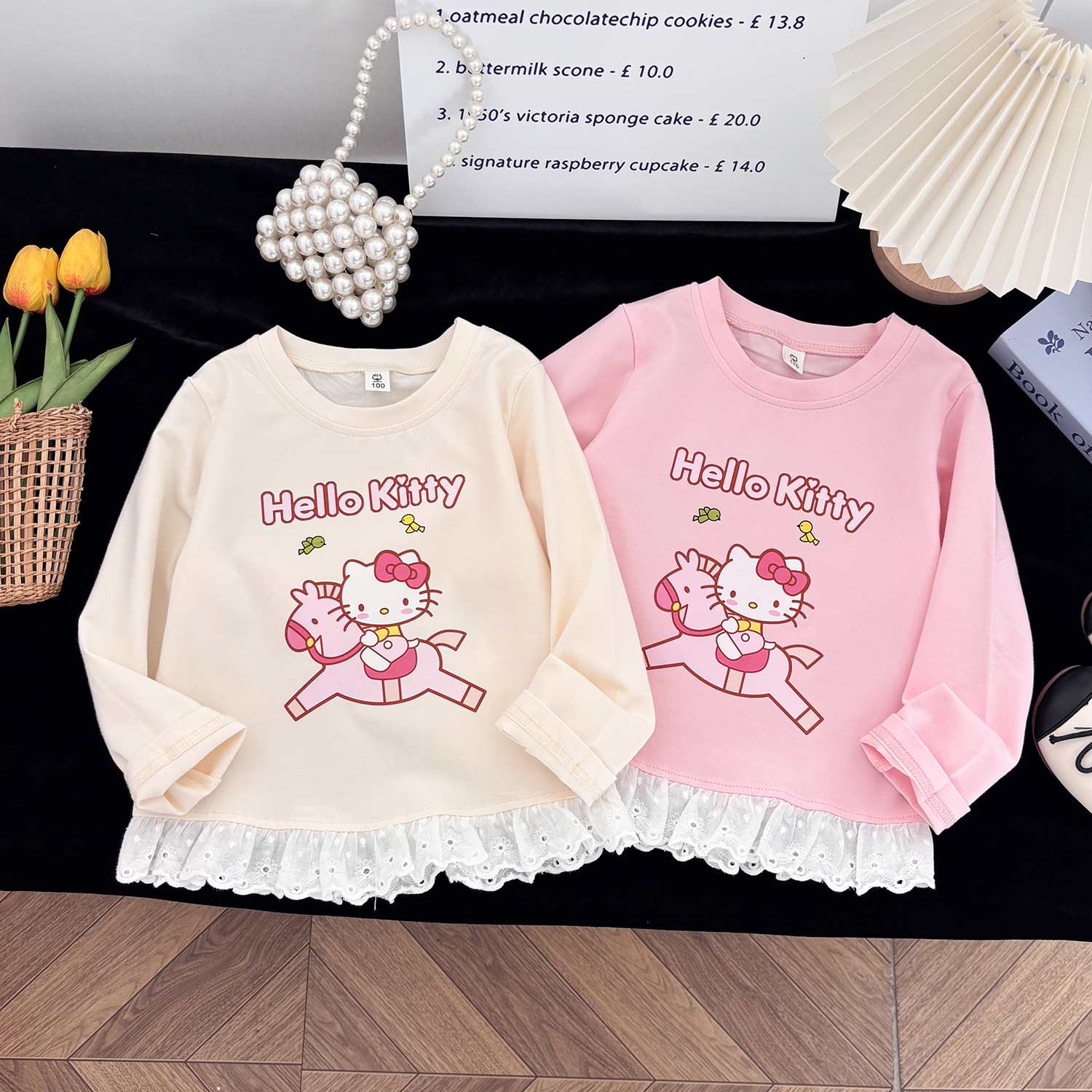 女童纯棉Kitty猫咪蕾丝边裙衫长袖t恤25春秋童装小女孩中长款上衣