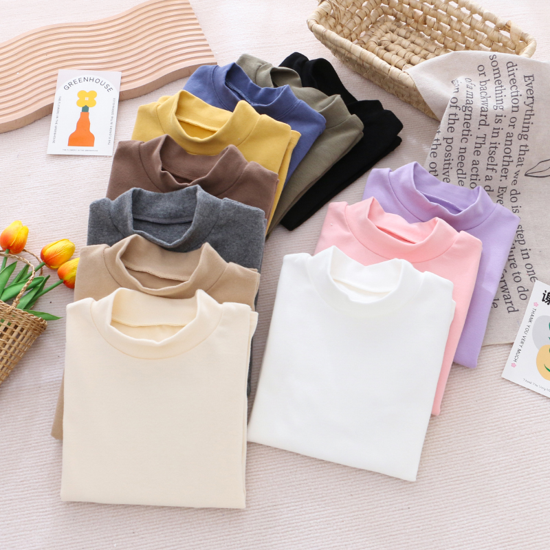 女童纯棉弹力半高领打底衫 春秋冬款儿童装宝宝小女孩中领上衣T恤