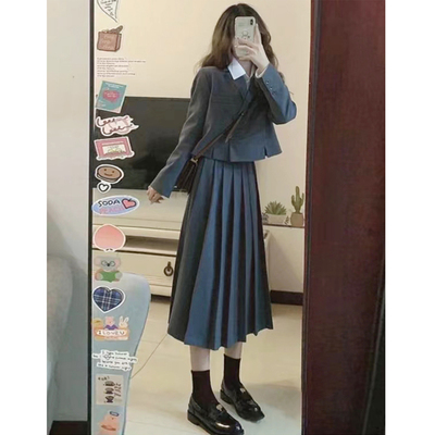 中长款灰色毛呢百褶裙西装半身