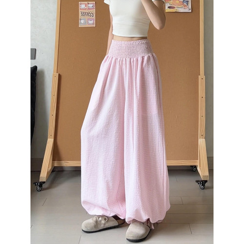 慵懒风韩系粉色格子灯笼裤女夏季2026新款宽松显瘦束脚裤花苞裤裙